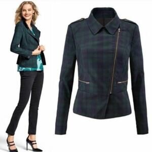 CAbi Jacket Tartan Plaid Moto Asymmetrical Spring Fall Chic Green Blue Size 8